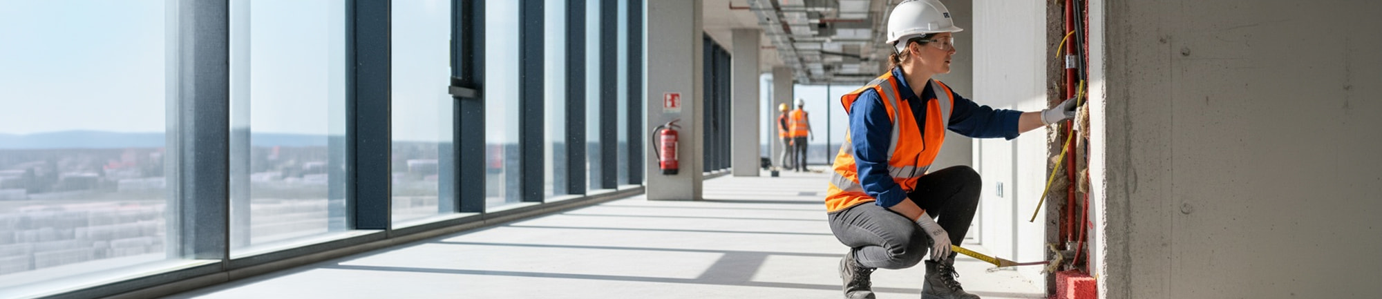 Person in hard hat performing maintenance work on building wiring